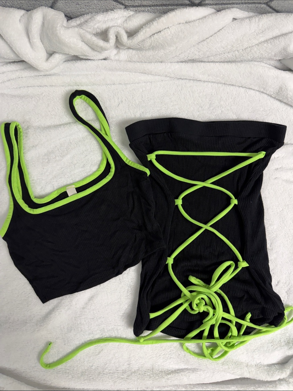 Black & Neon Green Lace-Up Tank Top & Skirt Set